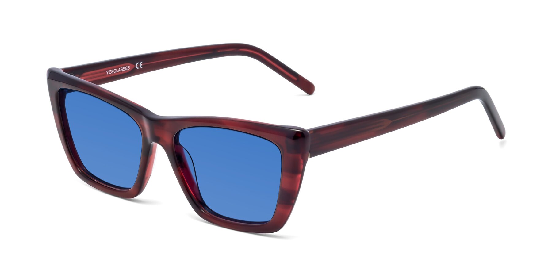Angle of 1494 in Stripe Wine with Blue Tinted Lenses