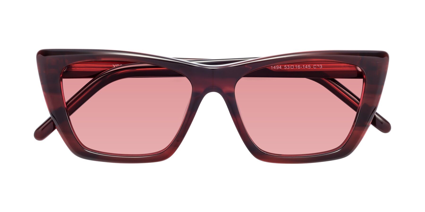 Folded Front of 1494 in Stripe Wine with Medium Garnet Tinted Lenses