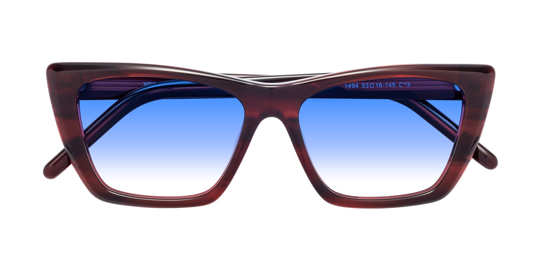 Folded Front of 1494 in Stripe Wine with Blue Gradient Lenses