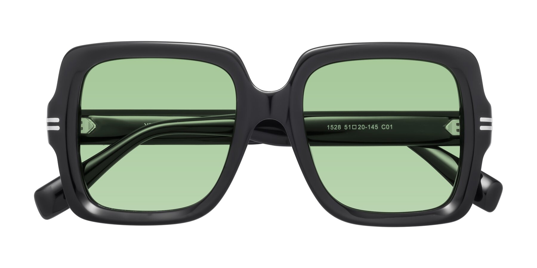 Folded Front of 1528 in Black with Medium Green Tinted Lenses