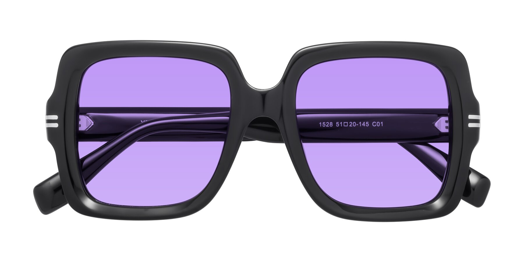 Folded Front of 1528 in Black with Medium Purple Tinted Lenses