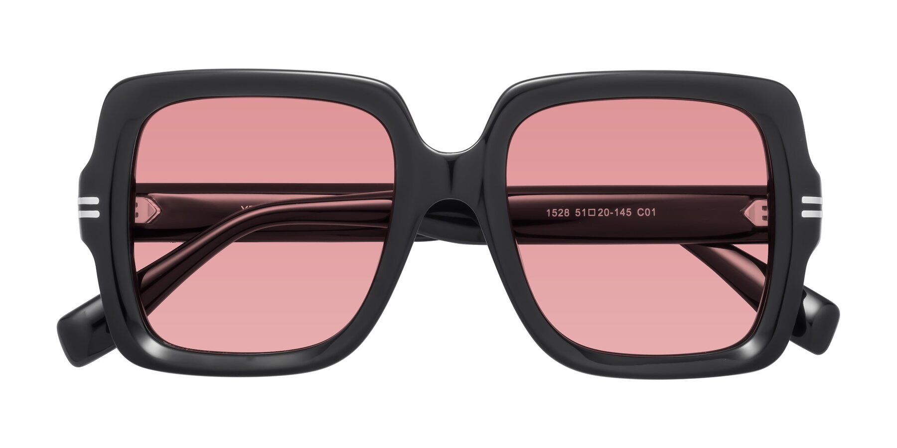 Folded Front of 1528 in Black with Medium Garnet Tinted Lenses