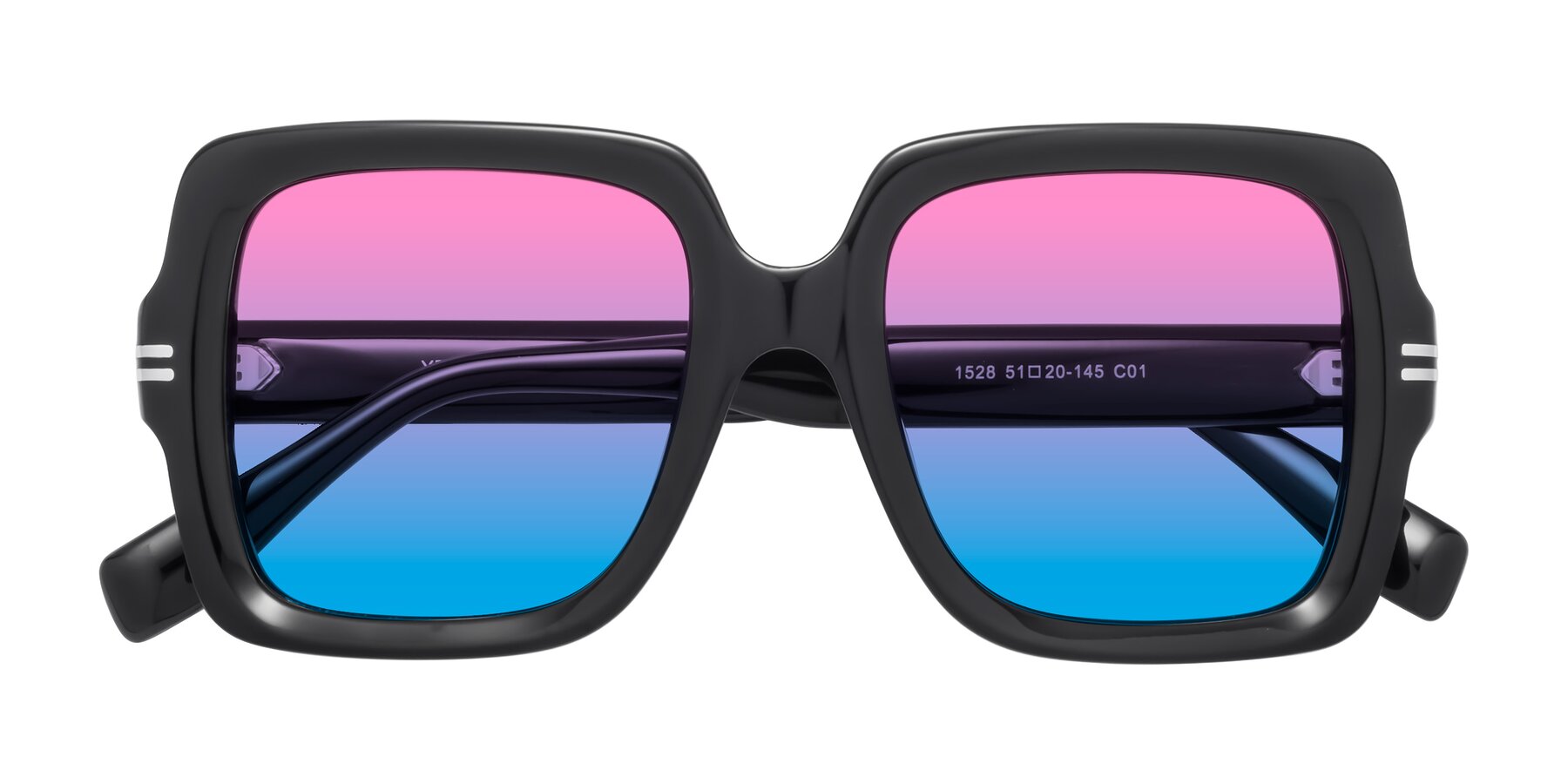 Folded Front of 1528 in Black with Pink / Blue Gradient Lenses