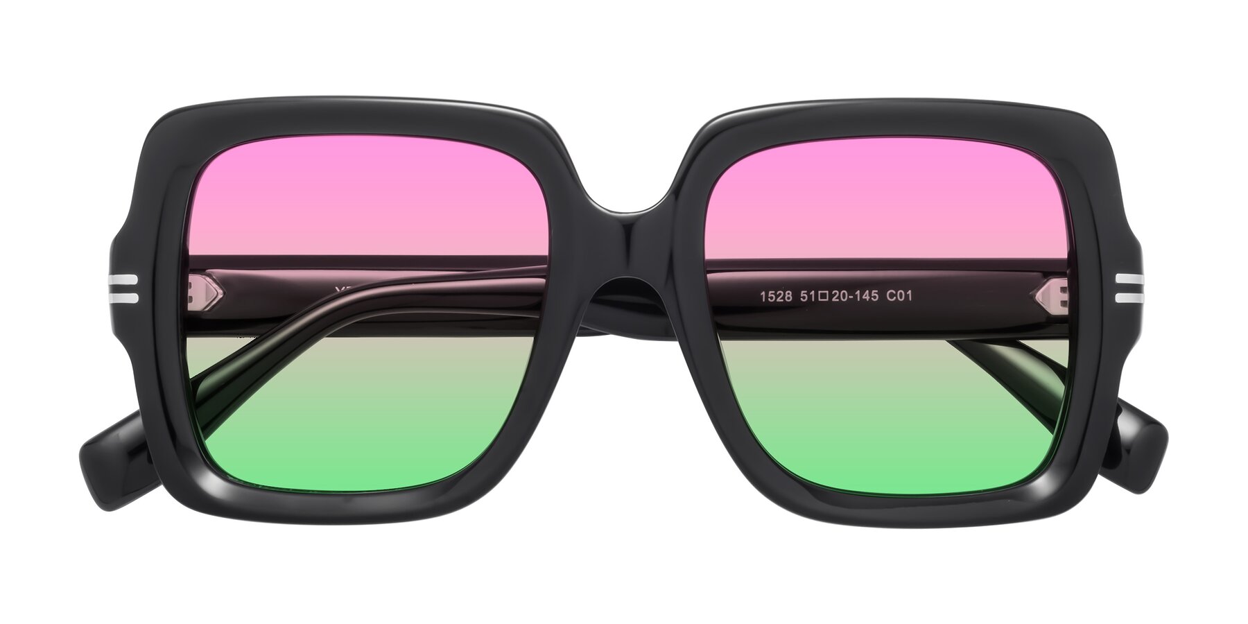 Folded Front of 1528 in Black with Pink / Green Gradient Lenses