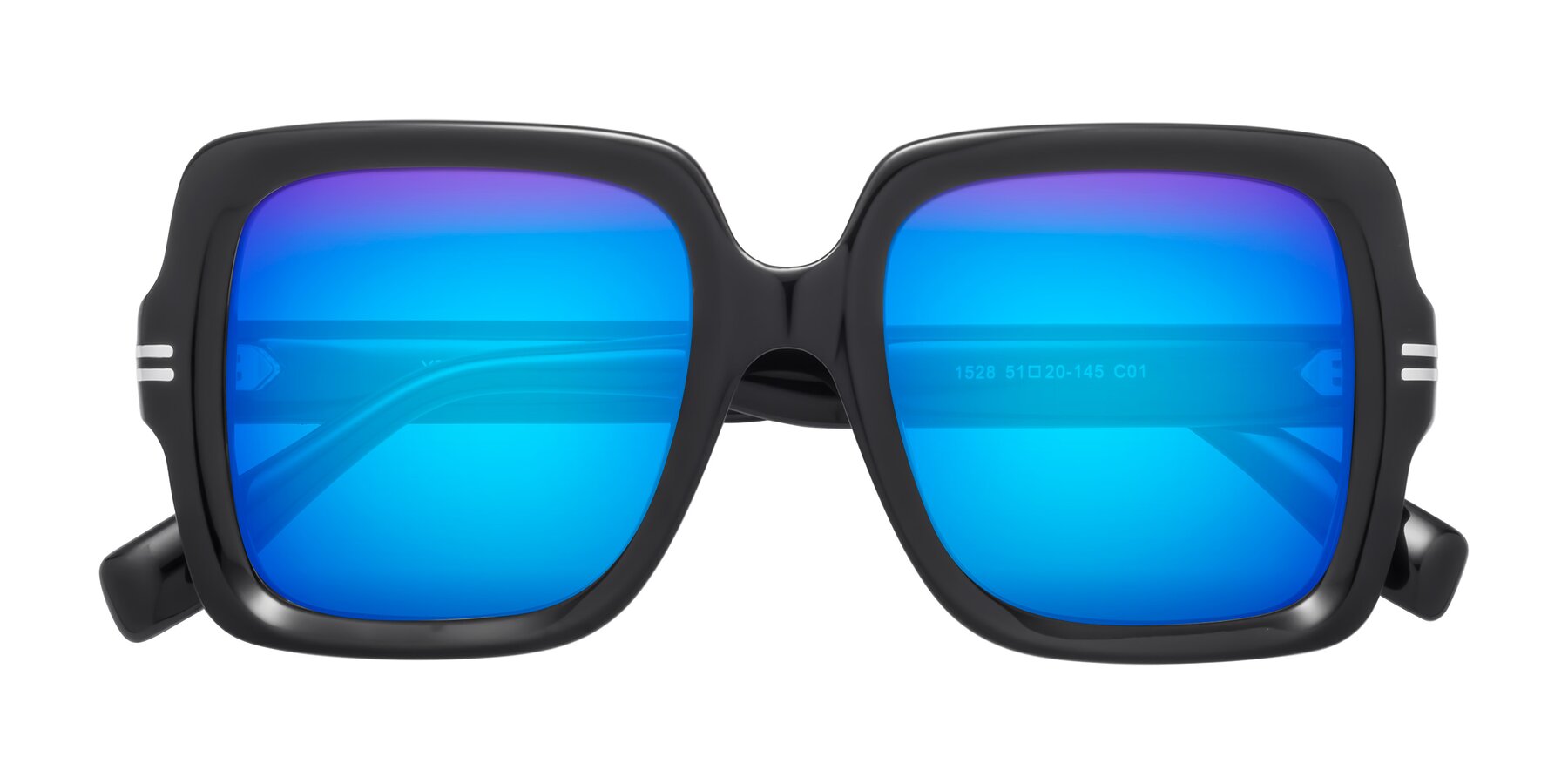 Folded Front of 1528 in Black with Blue Mirrored Lenses
