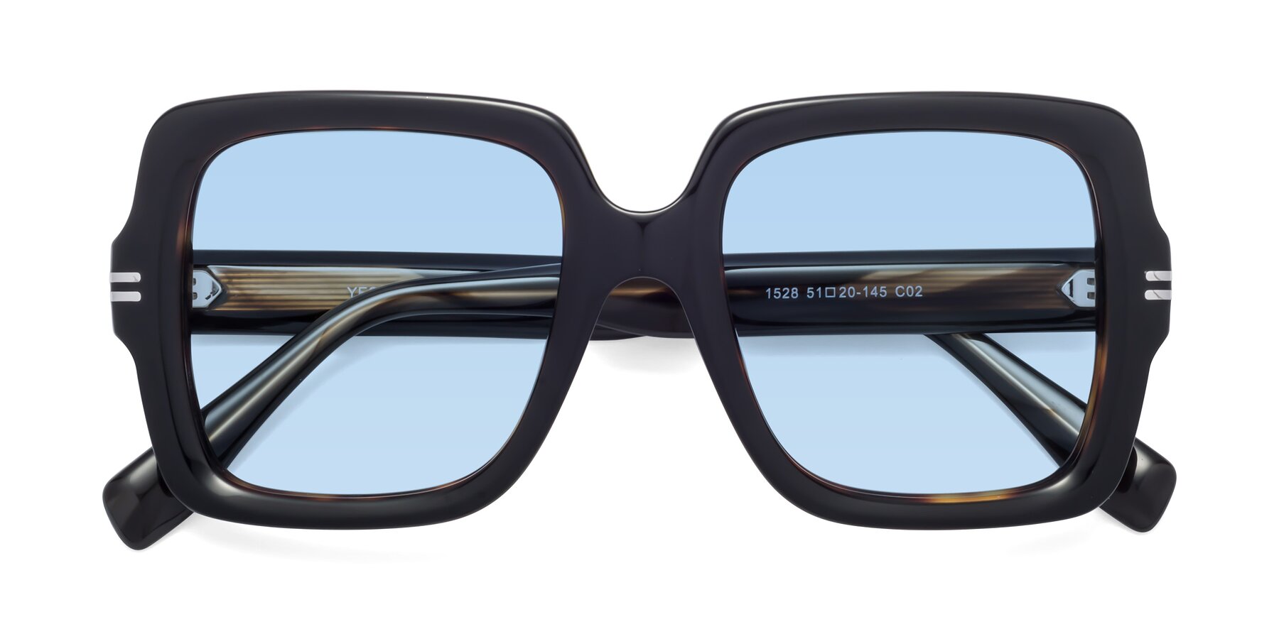 Folded Front of 1528 in Tortoise with Light Blue Tinted Lenses