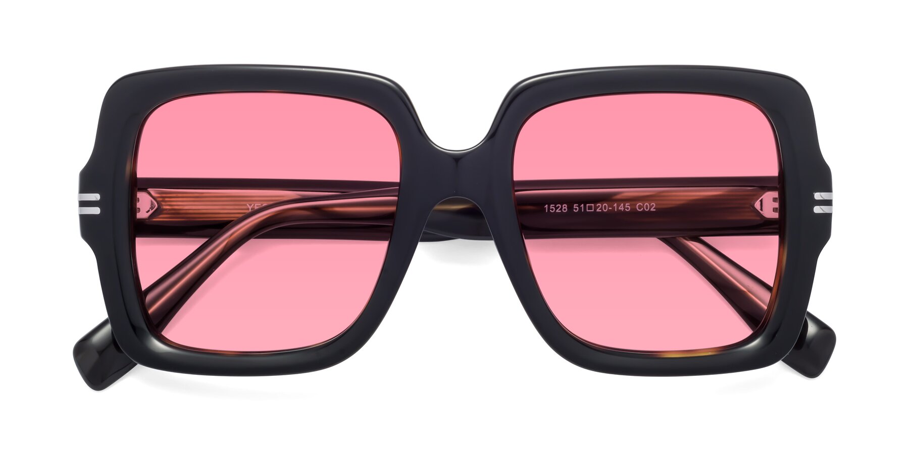 Folded Front of 1528 in Tortoise with Medium Pink Tinted Lenses