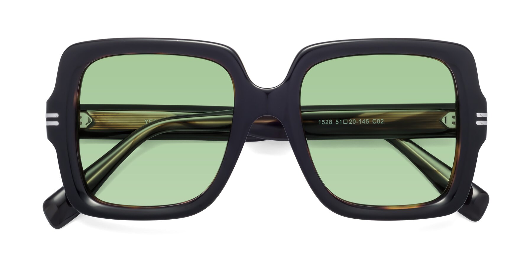 Folded Front of 1528 in Tortoise with Medium Green Tinted Lenses