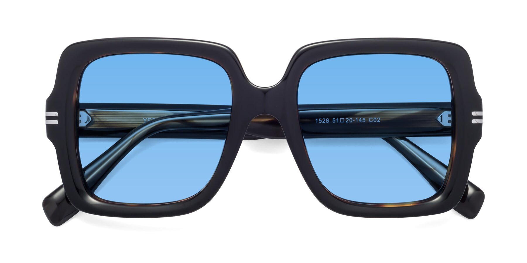Folded Front of 1528 in Tortoise with Medium Blue Tinted Lenses