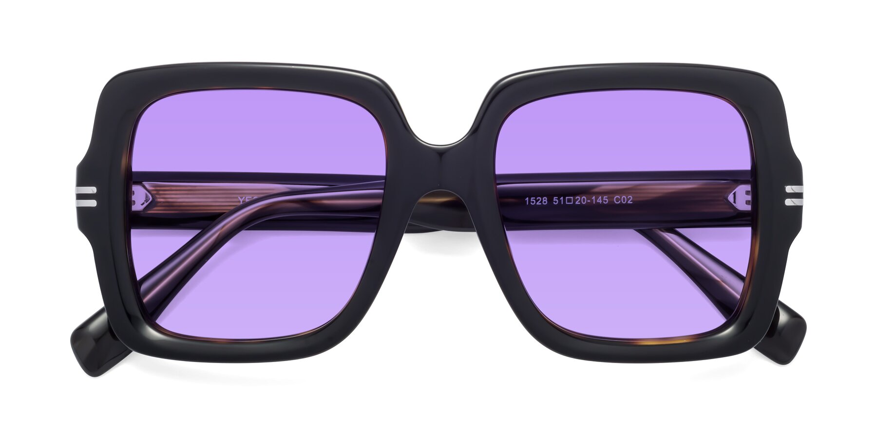 Folded Front of 1528 in Tortoise with Medium Purple Tinted Lenses