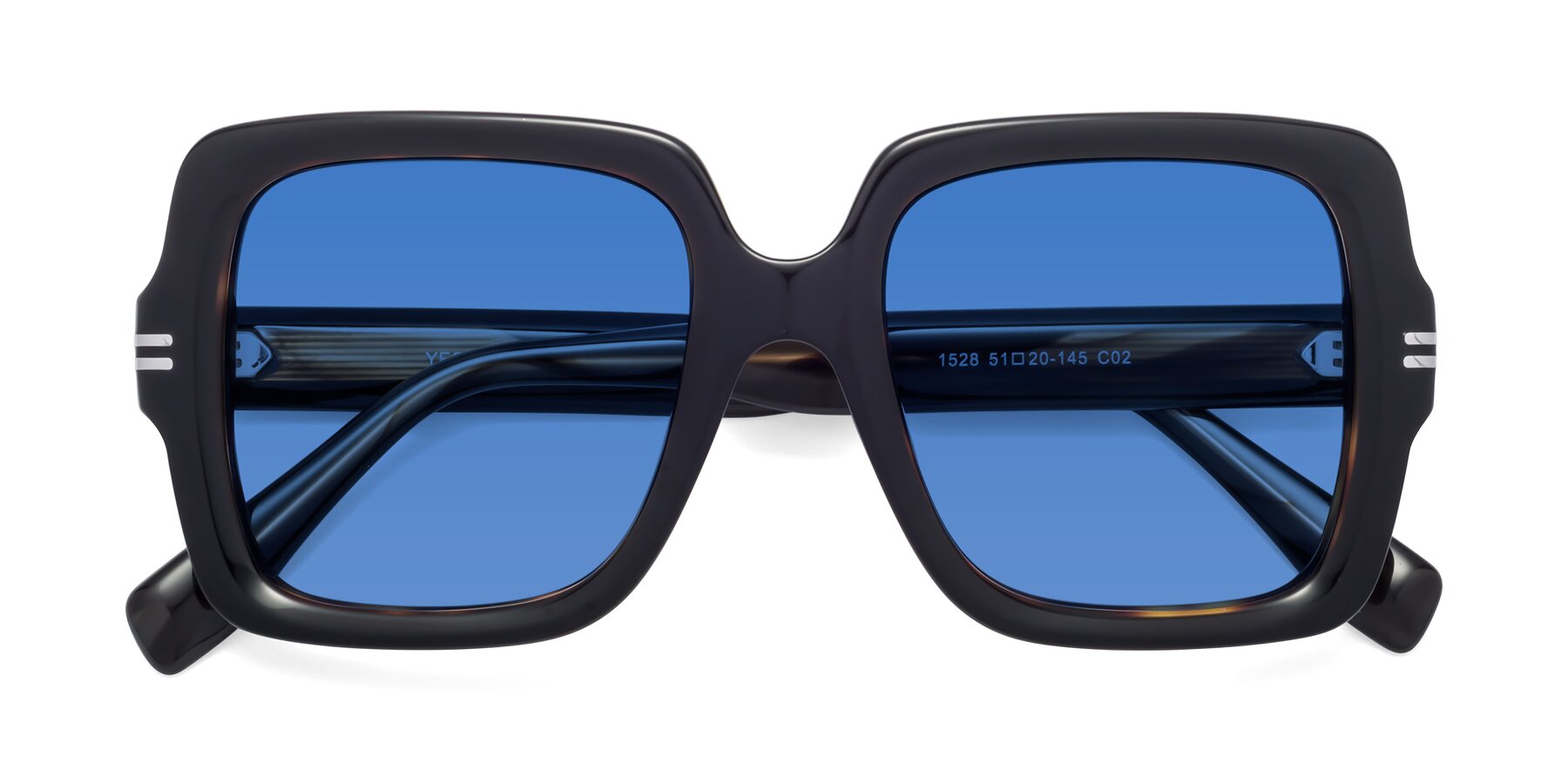 Folded Front of 1528 in Tortoise with Blue Tinted Lenses