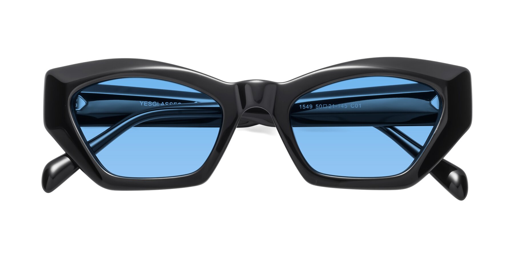 Folded Front of 1549 in Black with Medium Blue Tinted Lenses