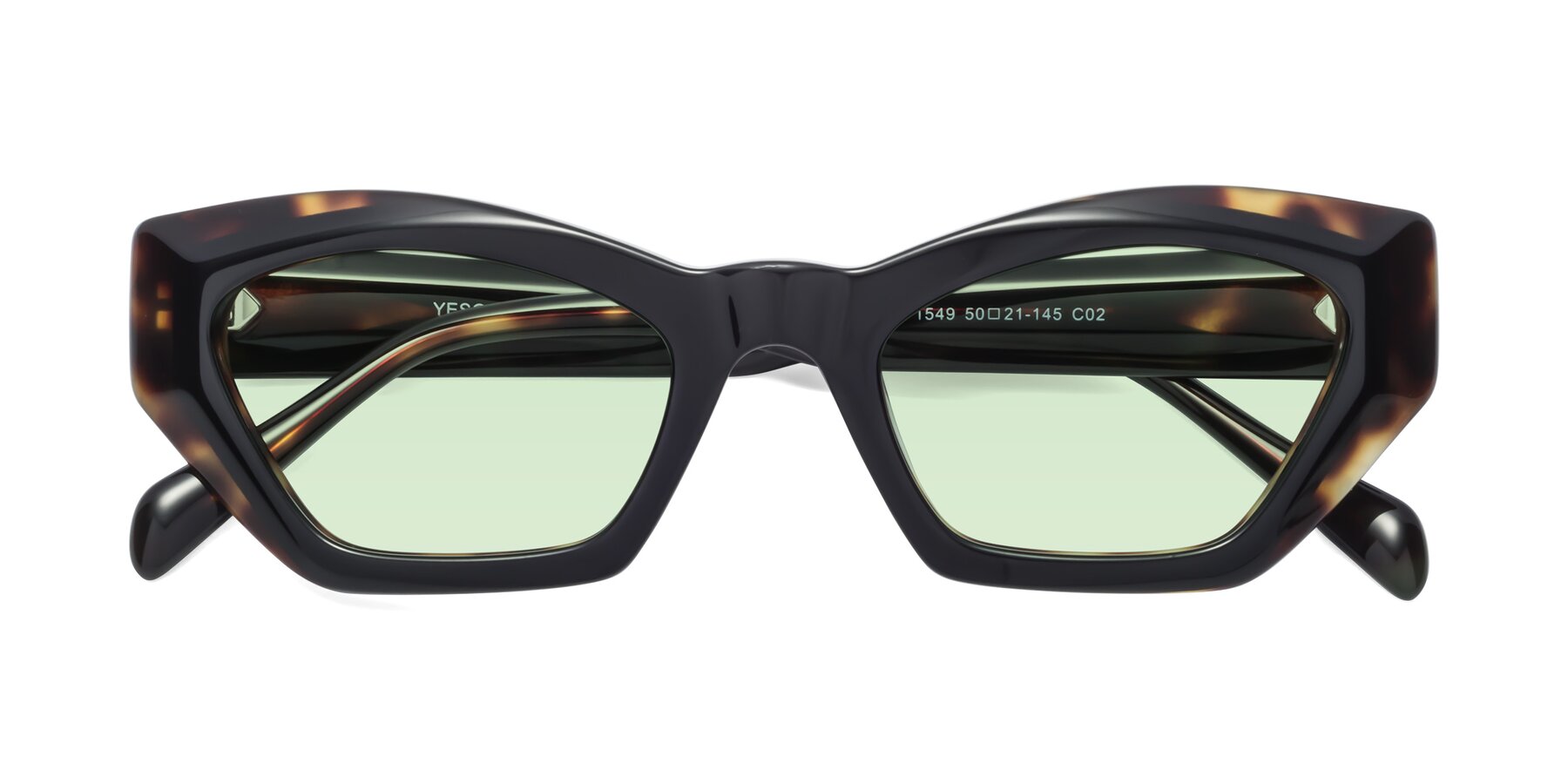 Folded Front of 1549 in Tortoise with Light Green Tinted Lenses