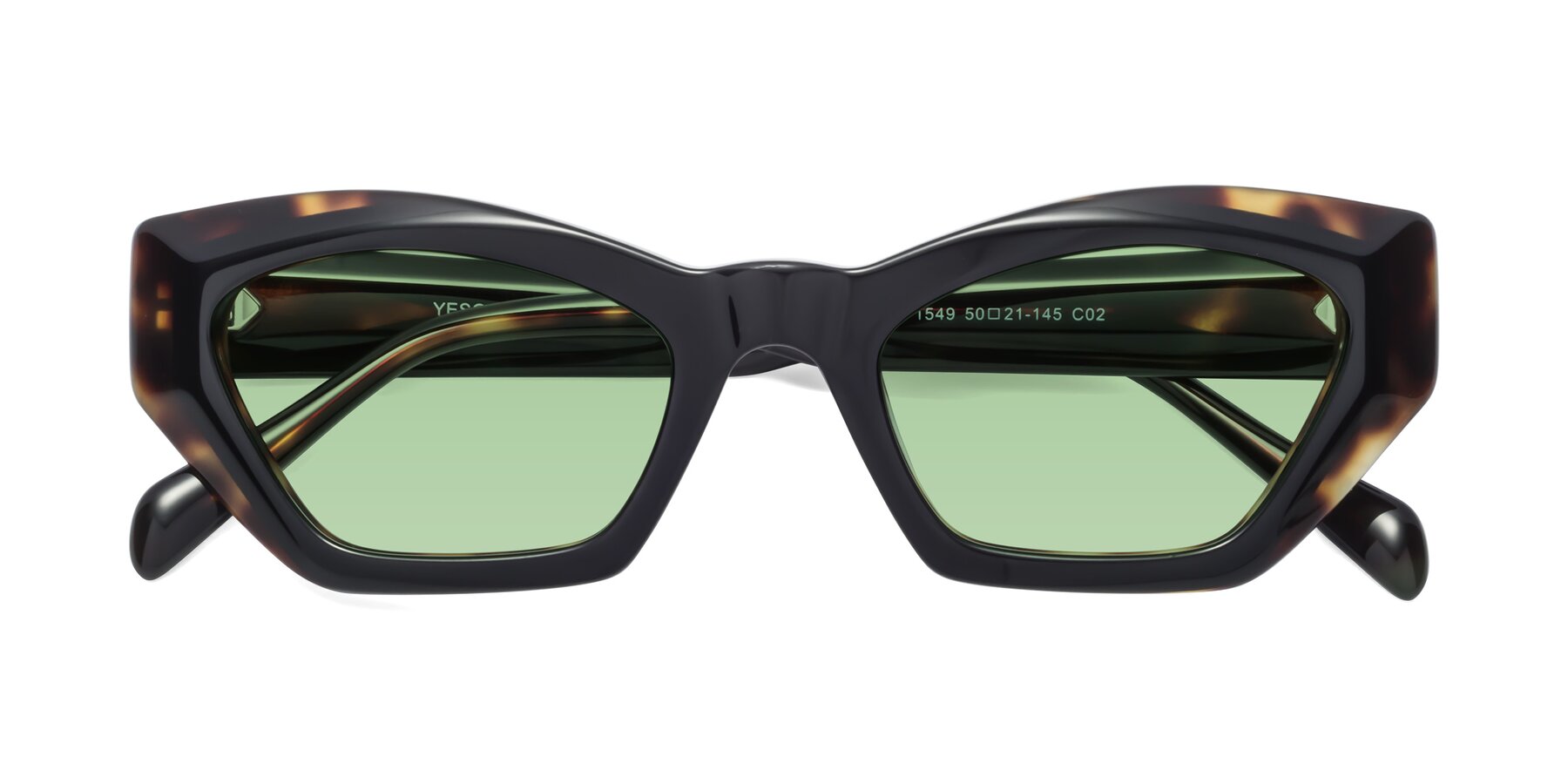 Folded Front of 1549 in Tortoise with Medium Green Tinted Lenses