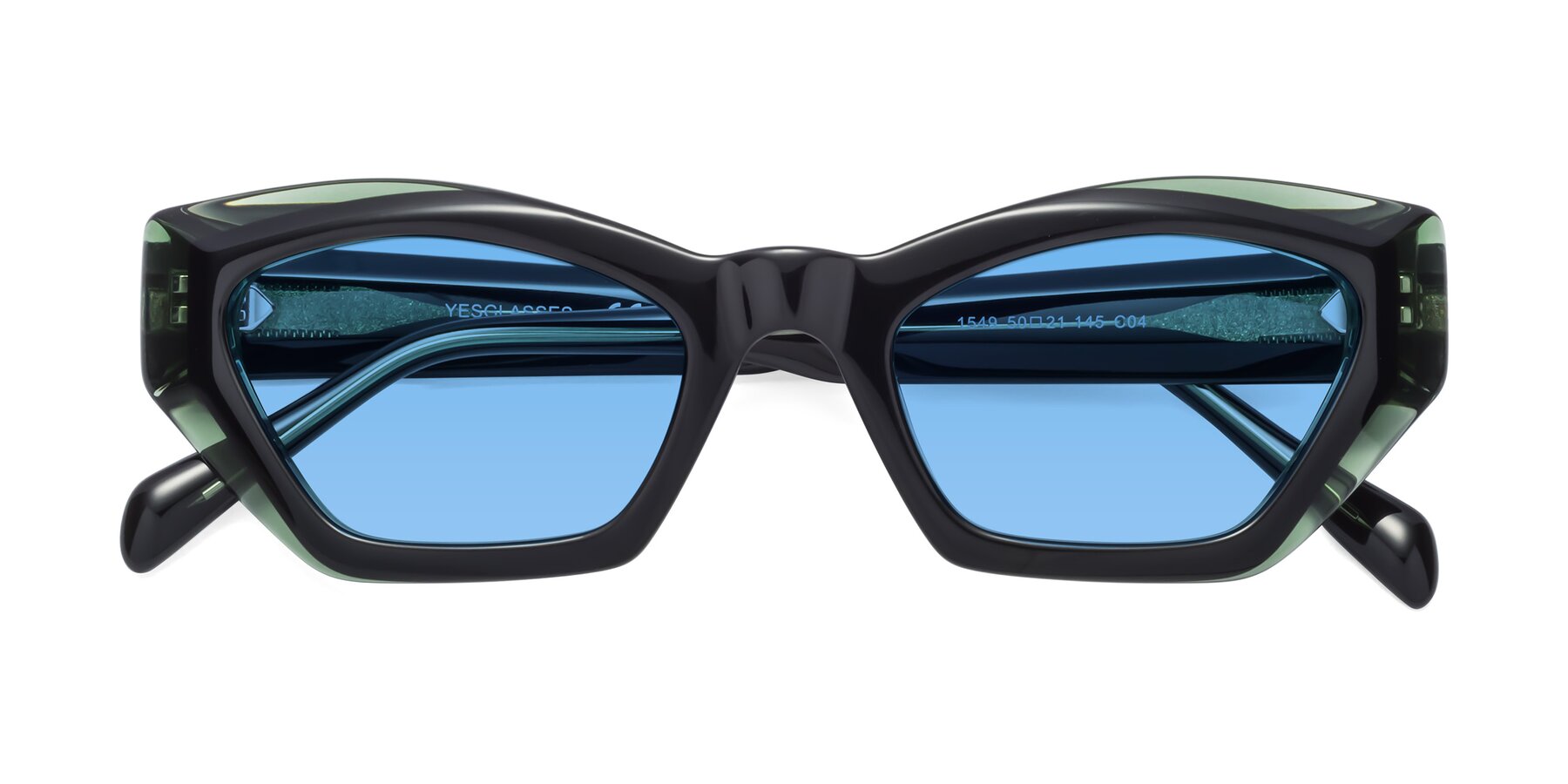 Folded Front of 1549 in Emerald with Medium Blue Tinted Lenses