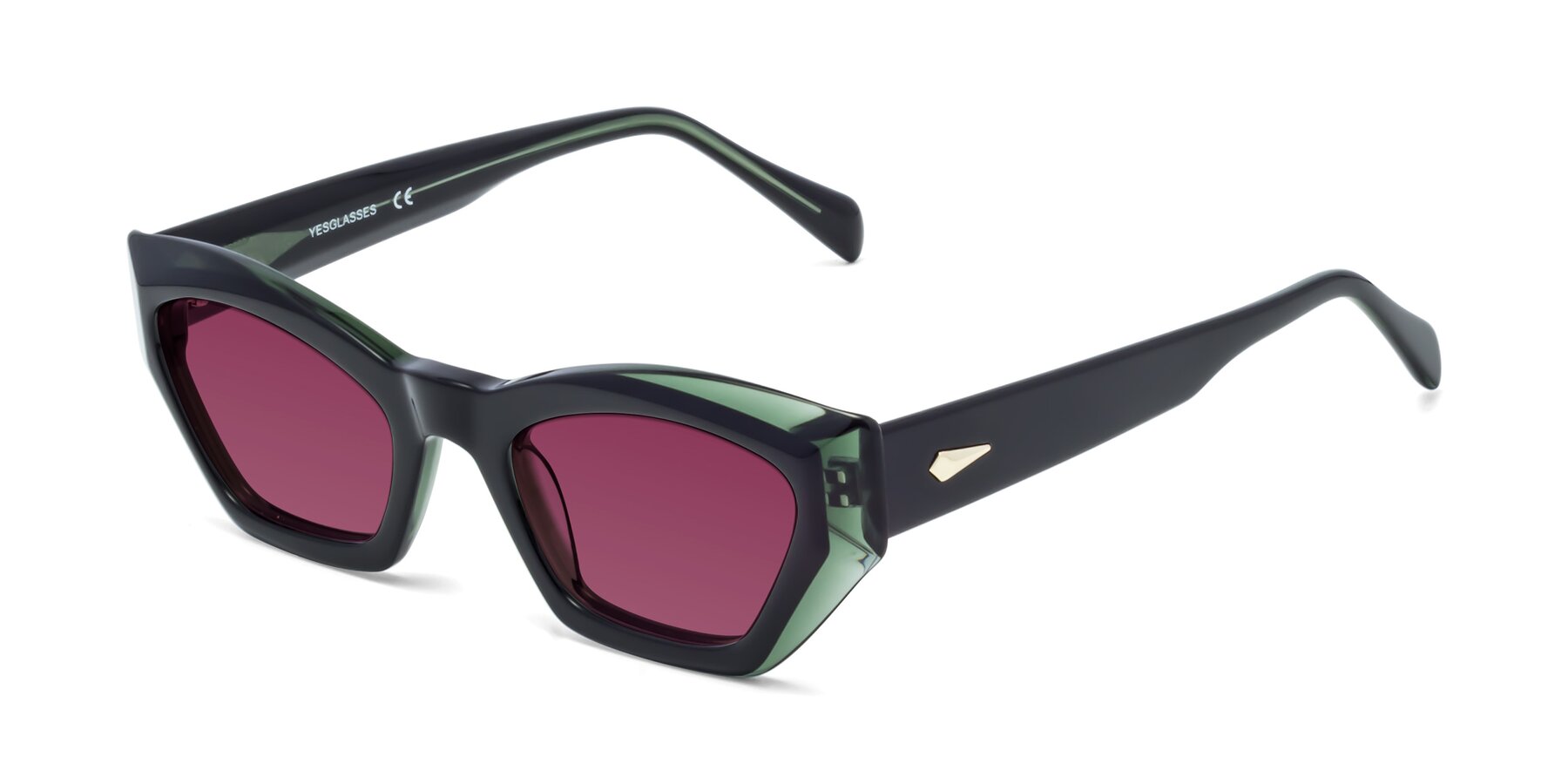 Angle of 1549 in Emerald with Wine Tinted Lenses