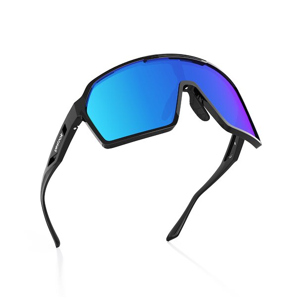 Three-quarter view of Flux XF in Black with Blue Standard Mirrored Lenses