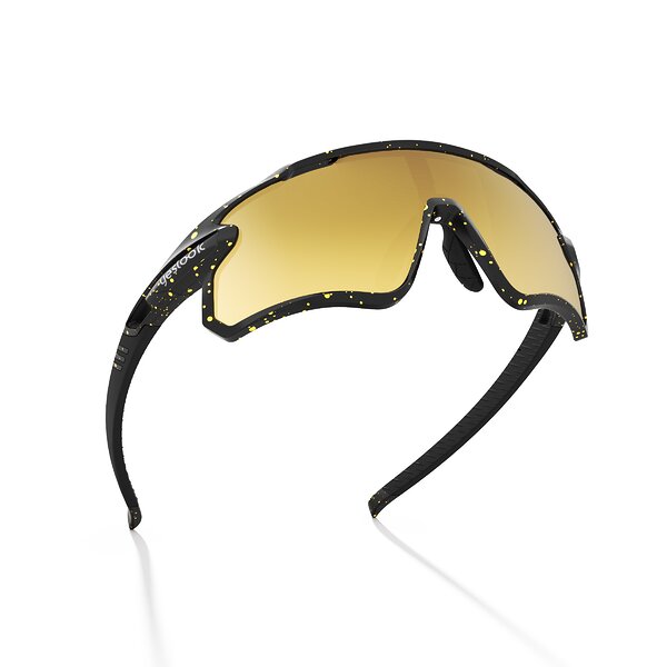 Three-quarter view of Talon XF in Matte Black/Yellow Speckle with Gold Standard Mirrored Lenses