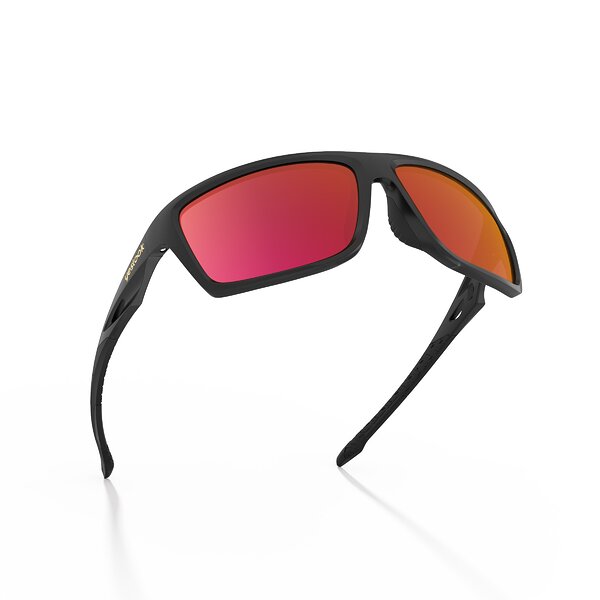 Three-quarter view of Blizzard XF in Matte Black with Red Standard Mirrored Lenses