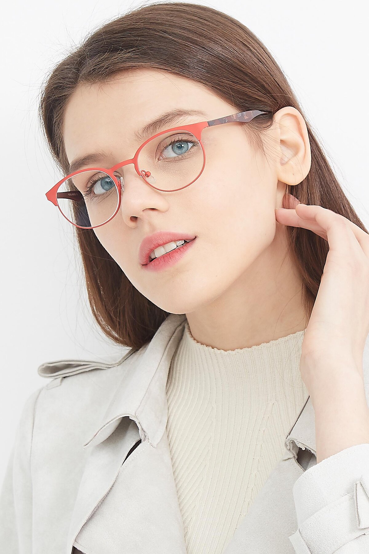 Women's lifestyle photography (portrait-2) of SR8026 in Matte Red with Clear Eyeglass Lenses