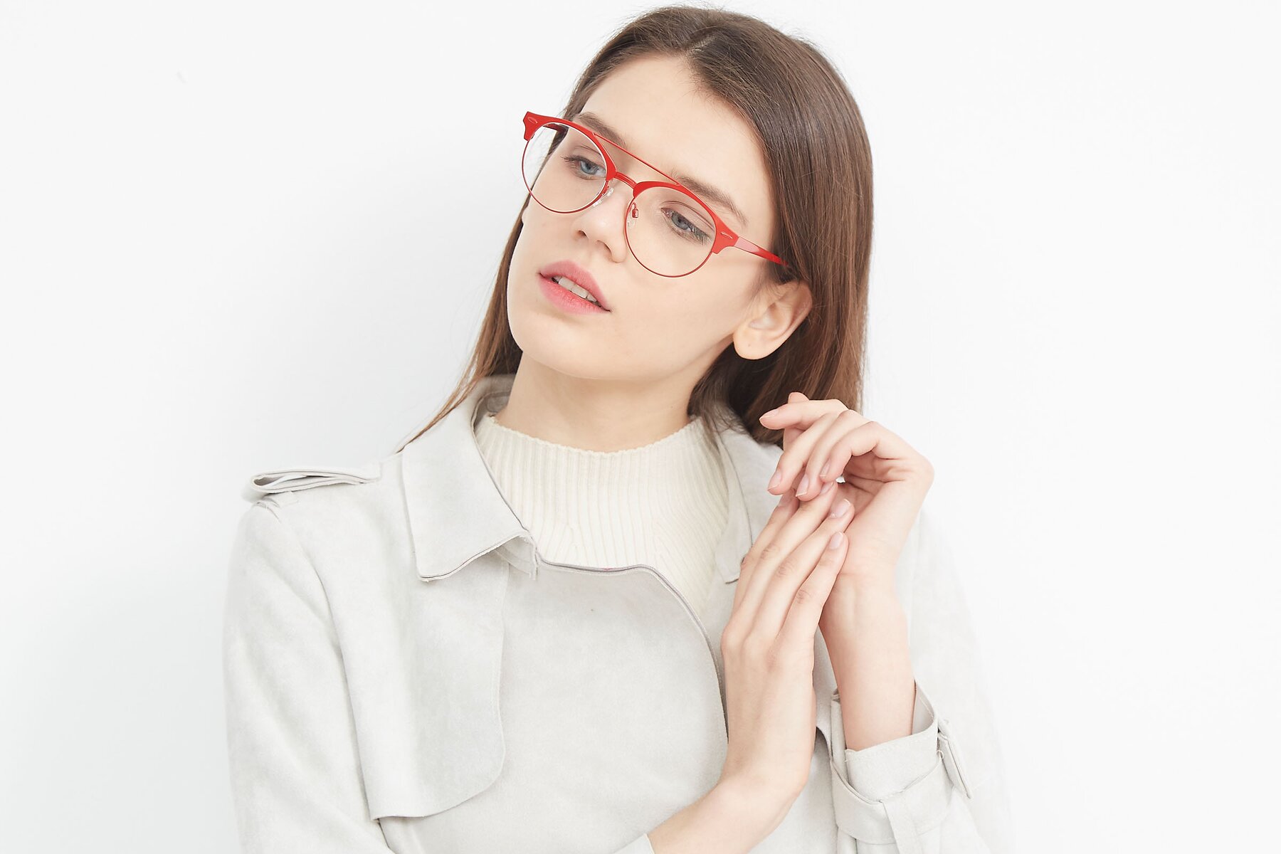 Women's lifestyle photography (landscape-1) of SSR183 in Red with Clear Reading Eyeglass Lenses