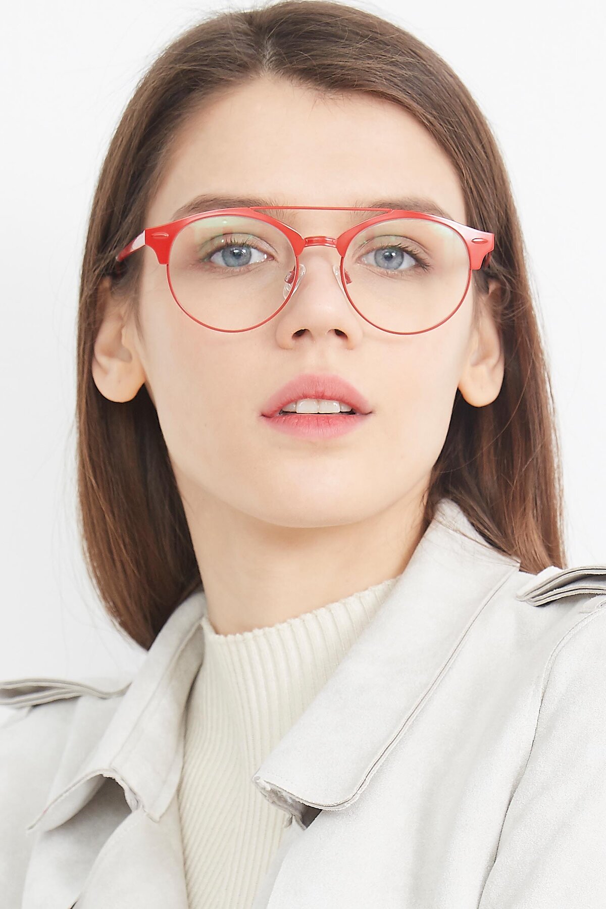 Women's lifestyle photography (portrait-1) of SSR183 in Red with Clear Reading Eyeglass Lenses