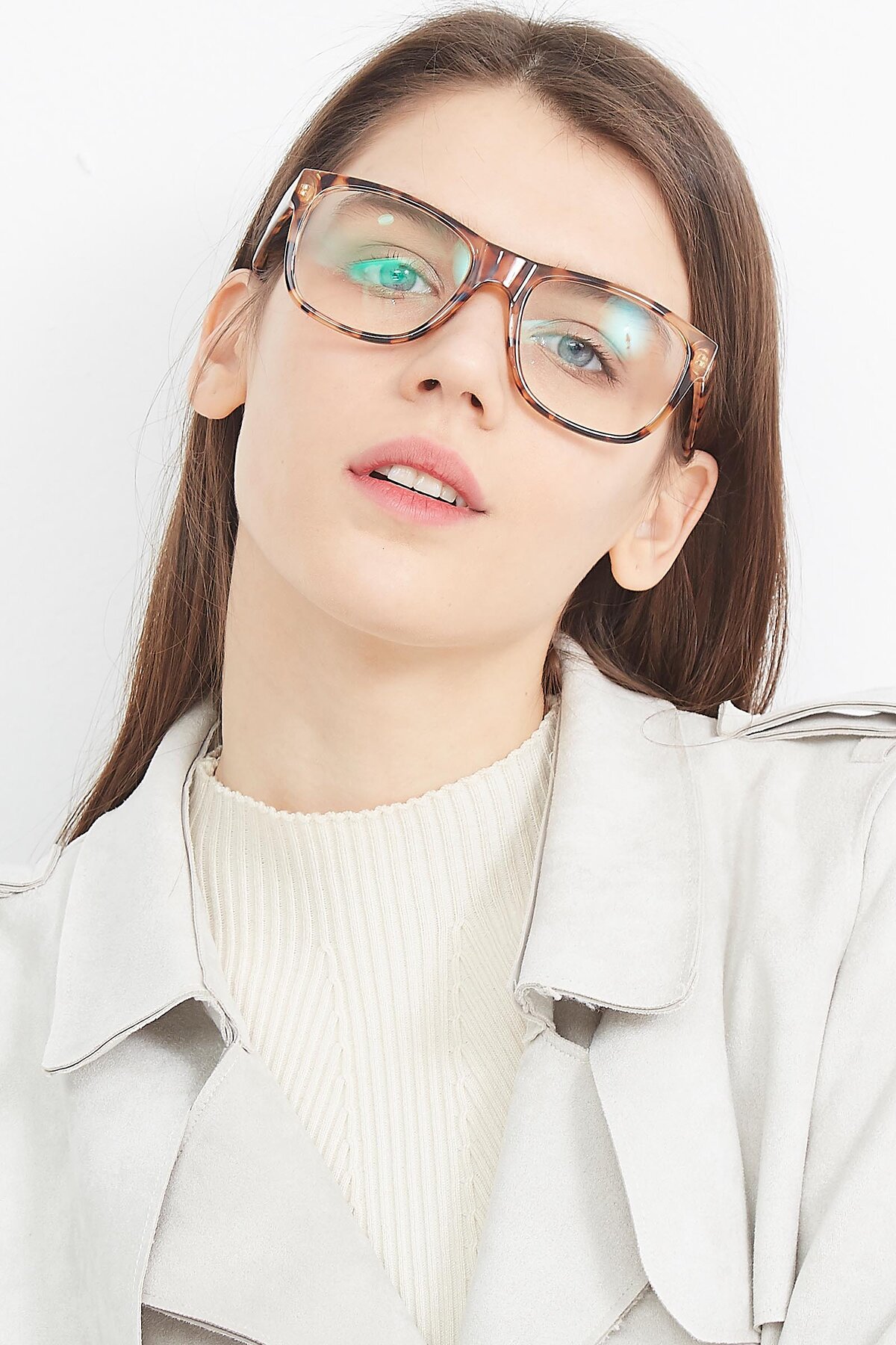 Women's lifestyle photography (portrait-1) of SSR213 in Translucent Tortoise with Clear Eyeglass Lenses