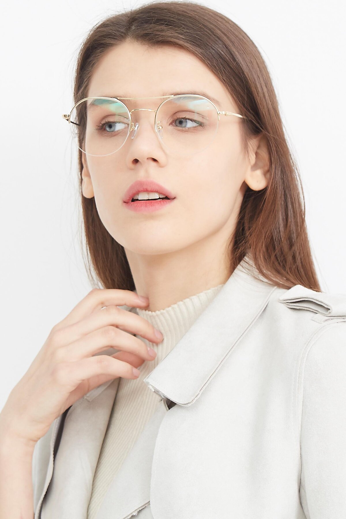 Women's lifestyle photography (portrait-1) of ST105 in Gold with Clear Eyeglass Lenses