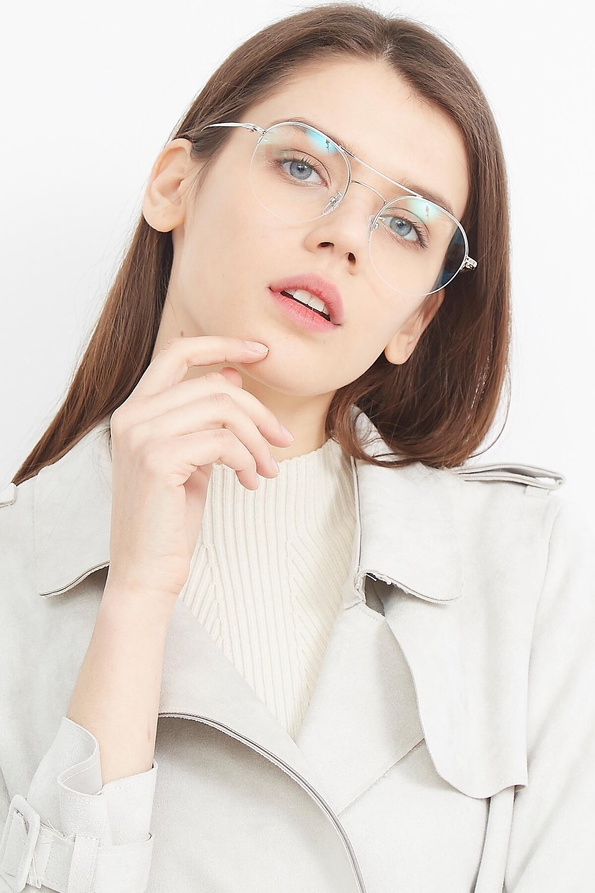 Women's lifestyle photography (portrait-1) of ST105 in Silver with Clear Reading Eyeglass Lenses