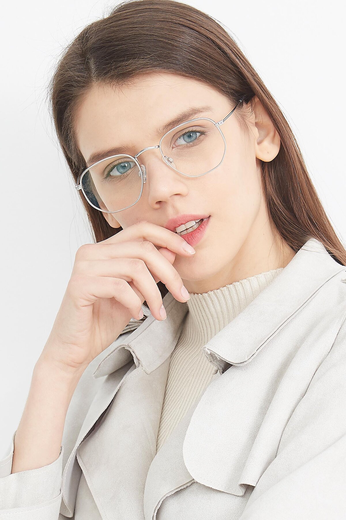 Women's lifestyle photography (portrait-1) of SSR1943 in Silver with Clear Reading Eyeglass Lenses