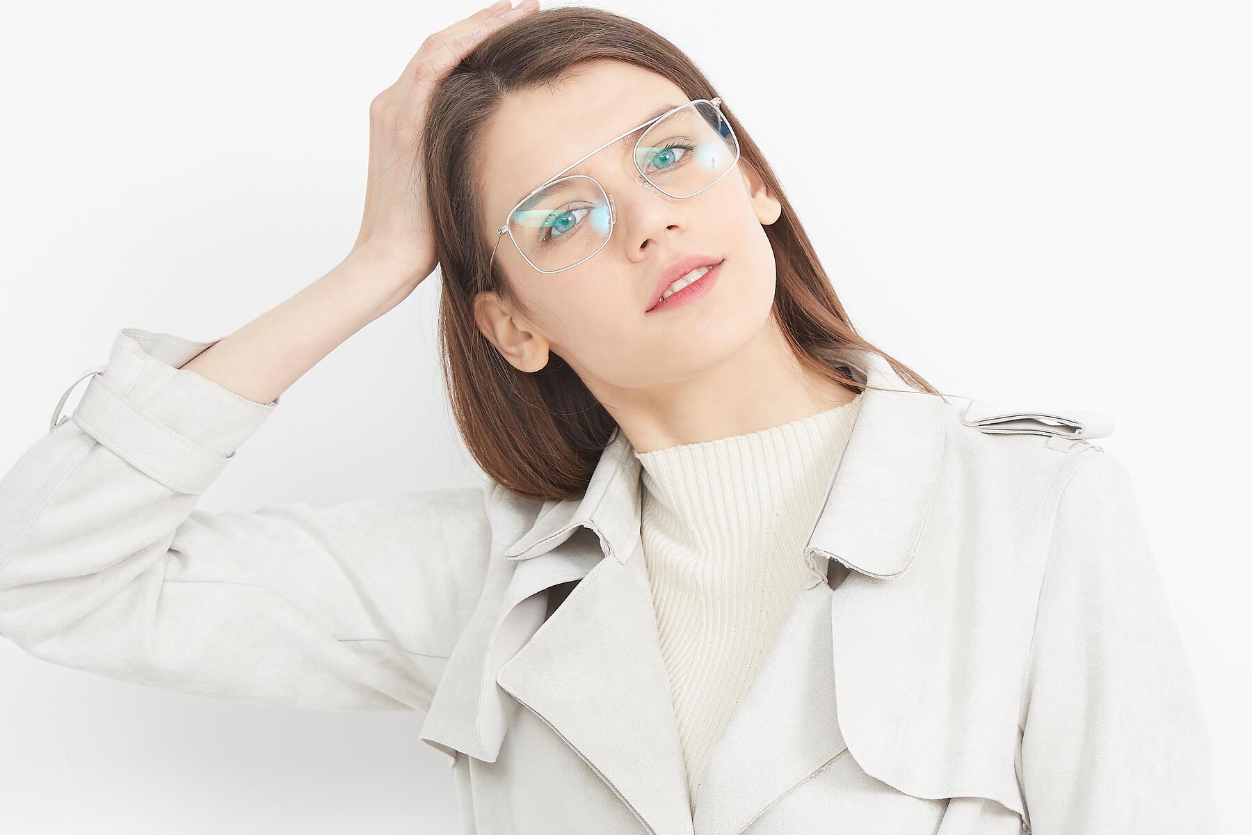 Women's lifestyle photography (landscape-1) of The Librarian in Copper with Clear Blue Light Blocking Lenses