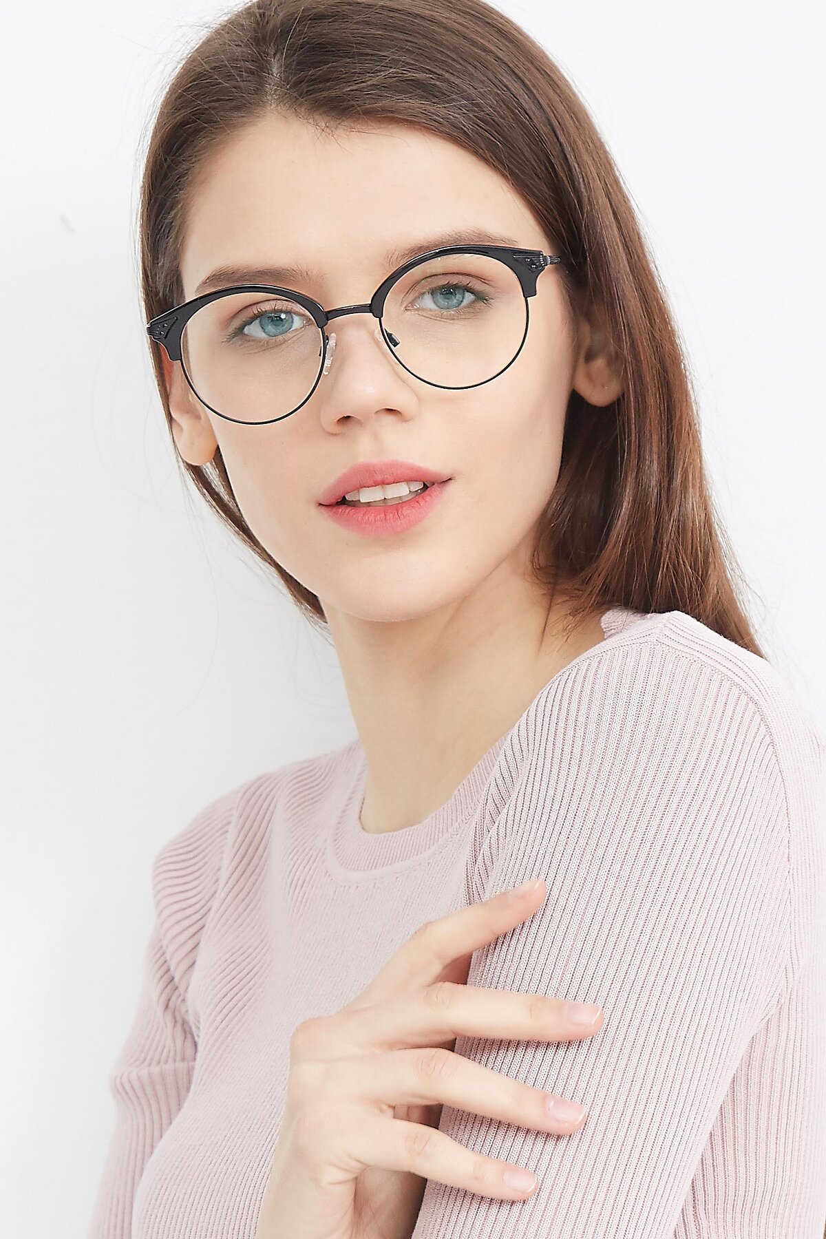 Women's lifestyle photography (portrait-1) of Hermione in Black with Clear Eyeglass Lenses