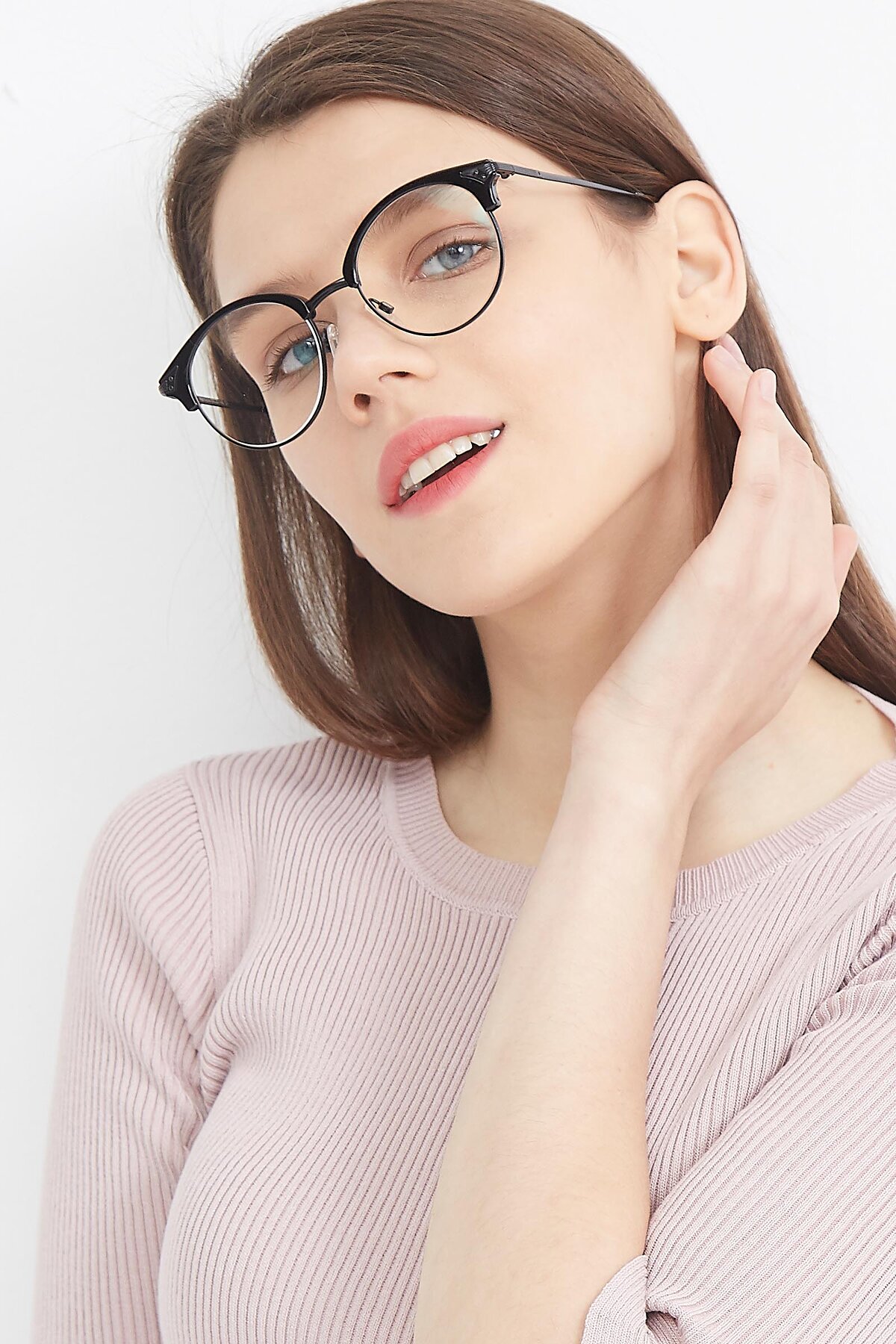 Women's lifestyle photography (portrait-2) of Hermione in Black with Clear Reading Eyeglass Lenses