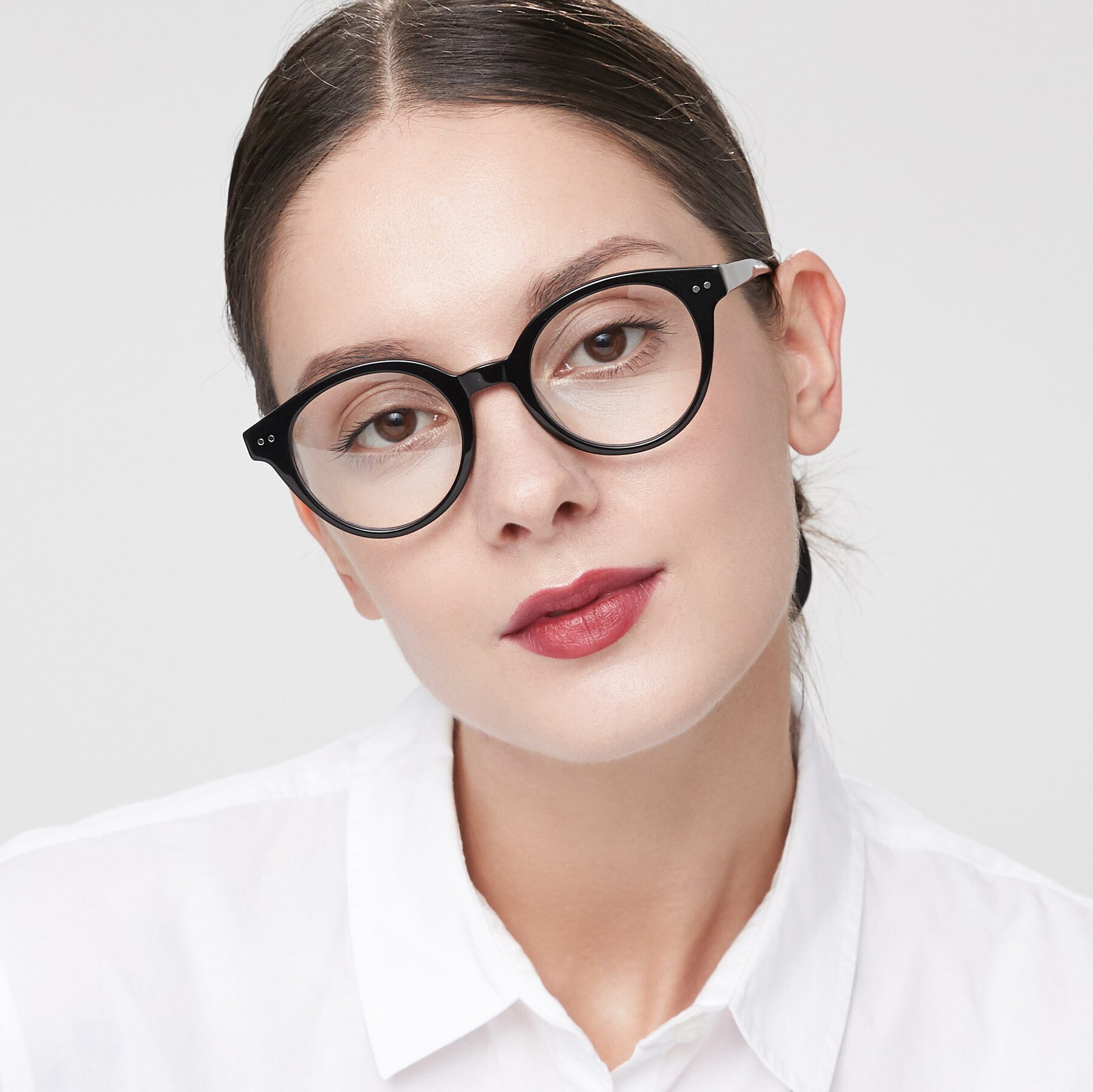 Women's lifestyle photography of Bellion in Black with Clear Eyeglass Lenses