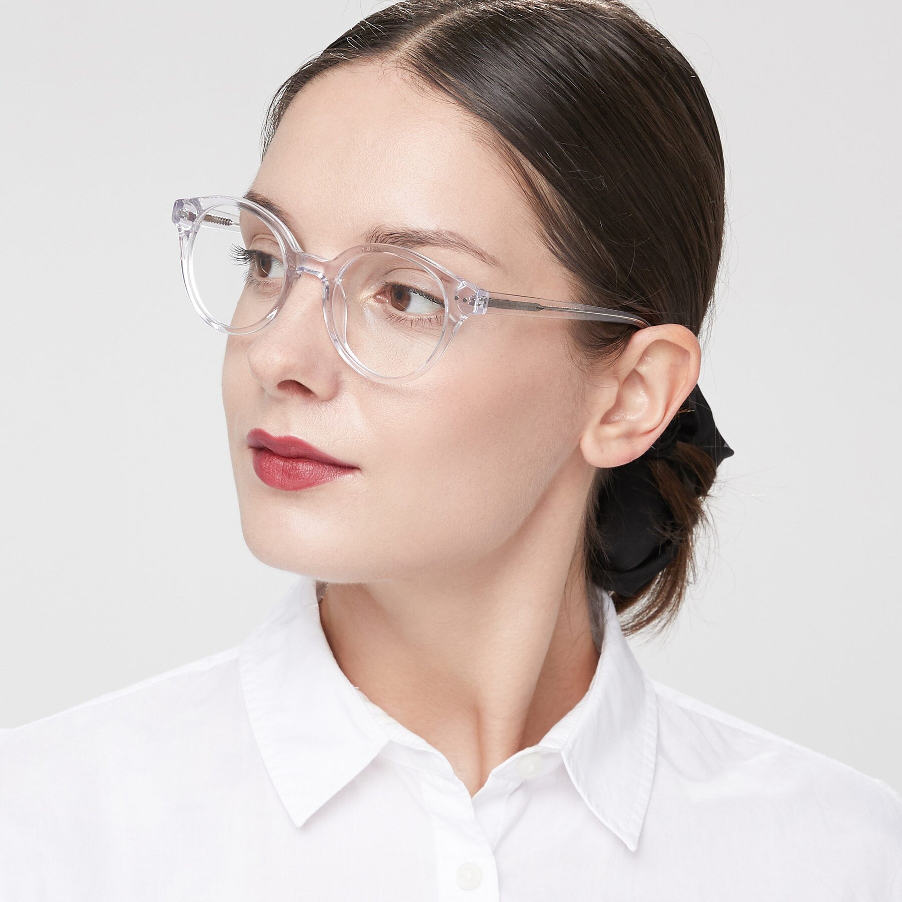 Women's lifestyle photography of Bellion in Clear with Clear Eyeglass Lenses