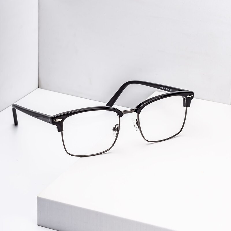 Black-Gunmetal Browline Retro-Vintage Square Eyeglasses - 17464