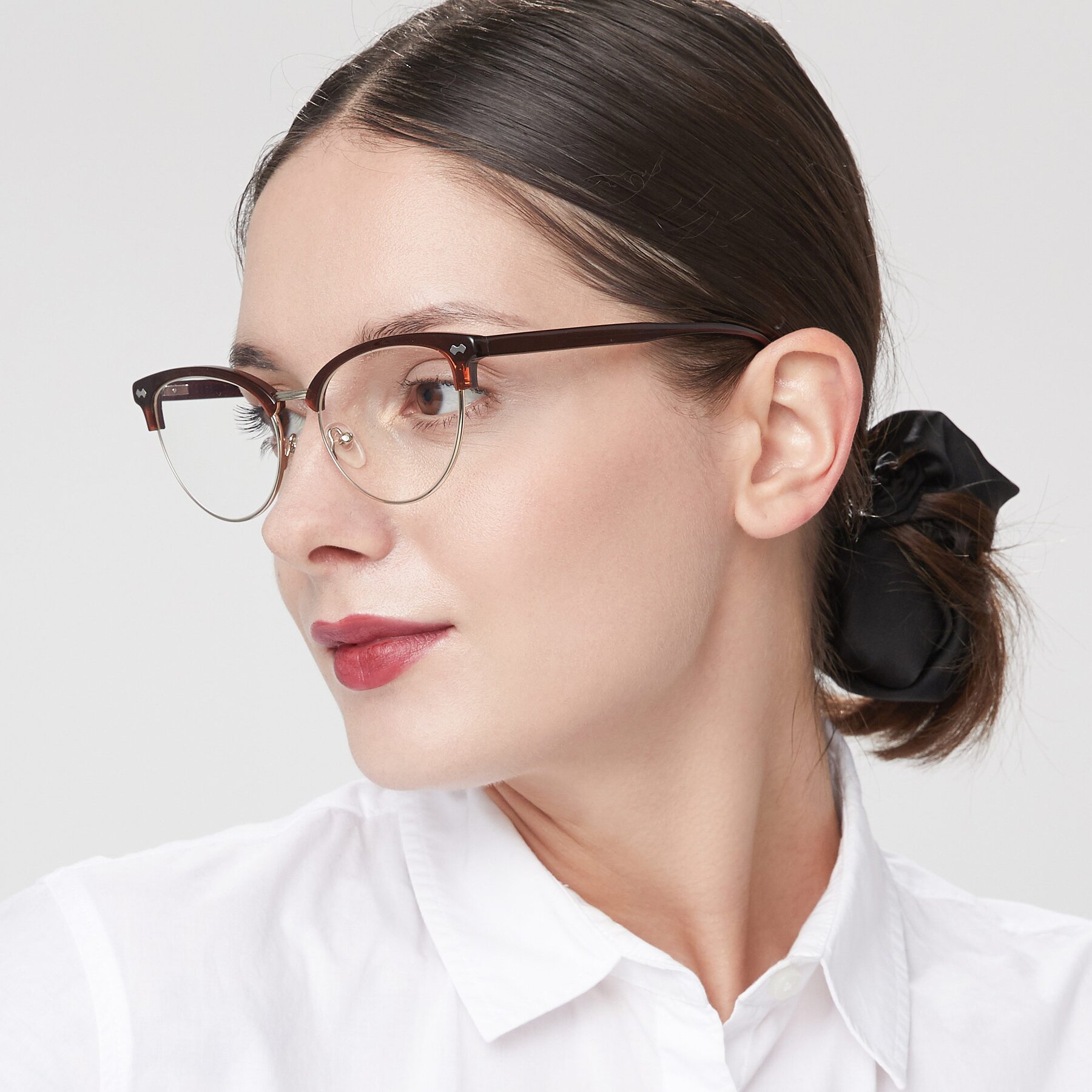Women's lifestyle photography of 17461 in Amber Brown with Clear Reading Eyeglass Lenses
