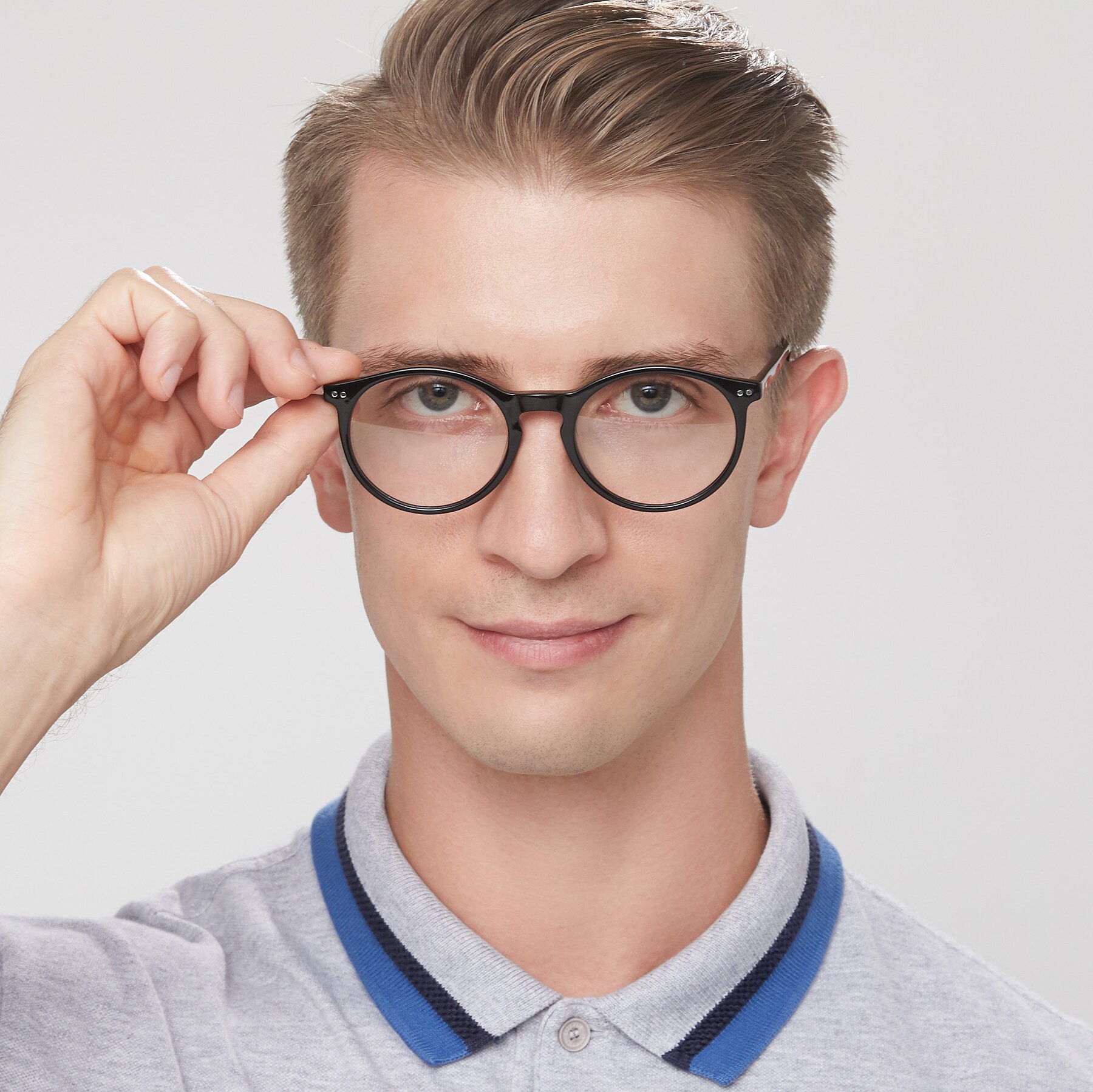 Men's lifestyle photography of Echo in Black with Clear Eyeglass Lenses