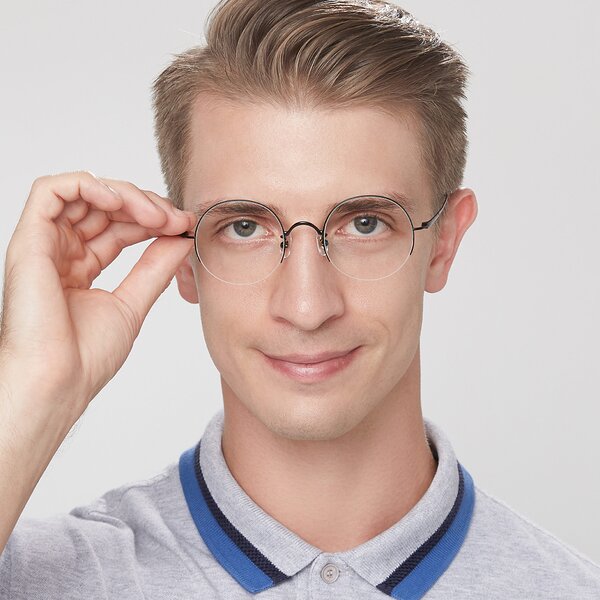 Matte Black Titanium Round Semi-Rimless Eyeglasses - Harry