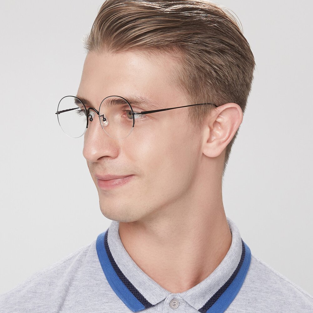 Matte Black Titanium Round Semi-Rimless Eyeglasses - Harry