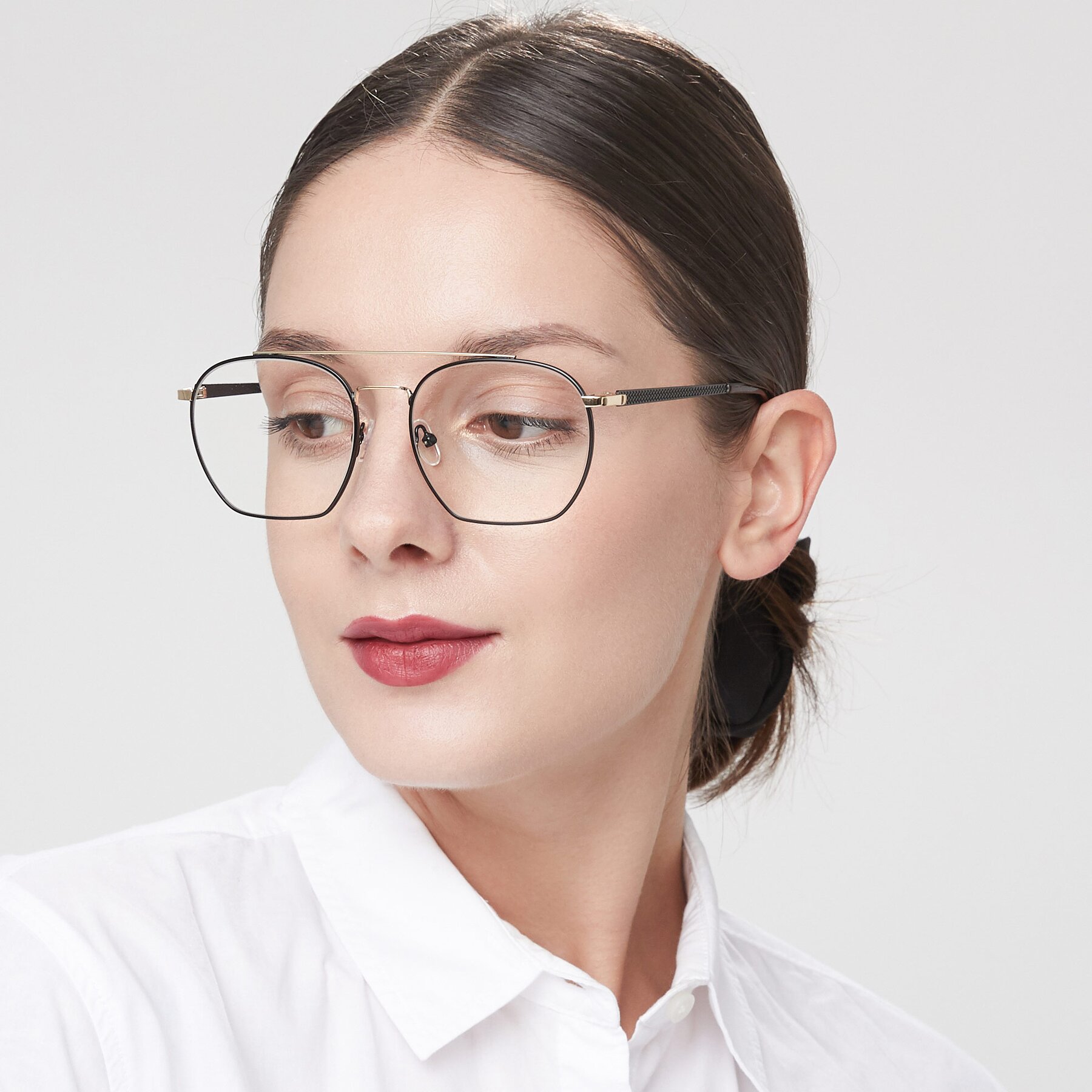 Women's lifestyle photography of 9425 in Black-Gold with Clear Eyeglass Lenses