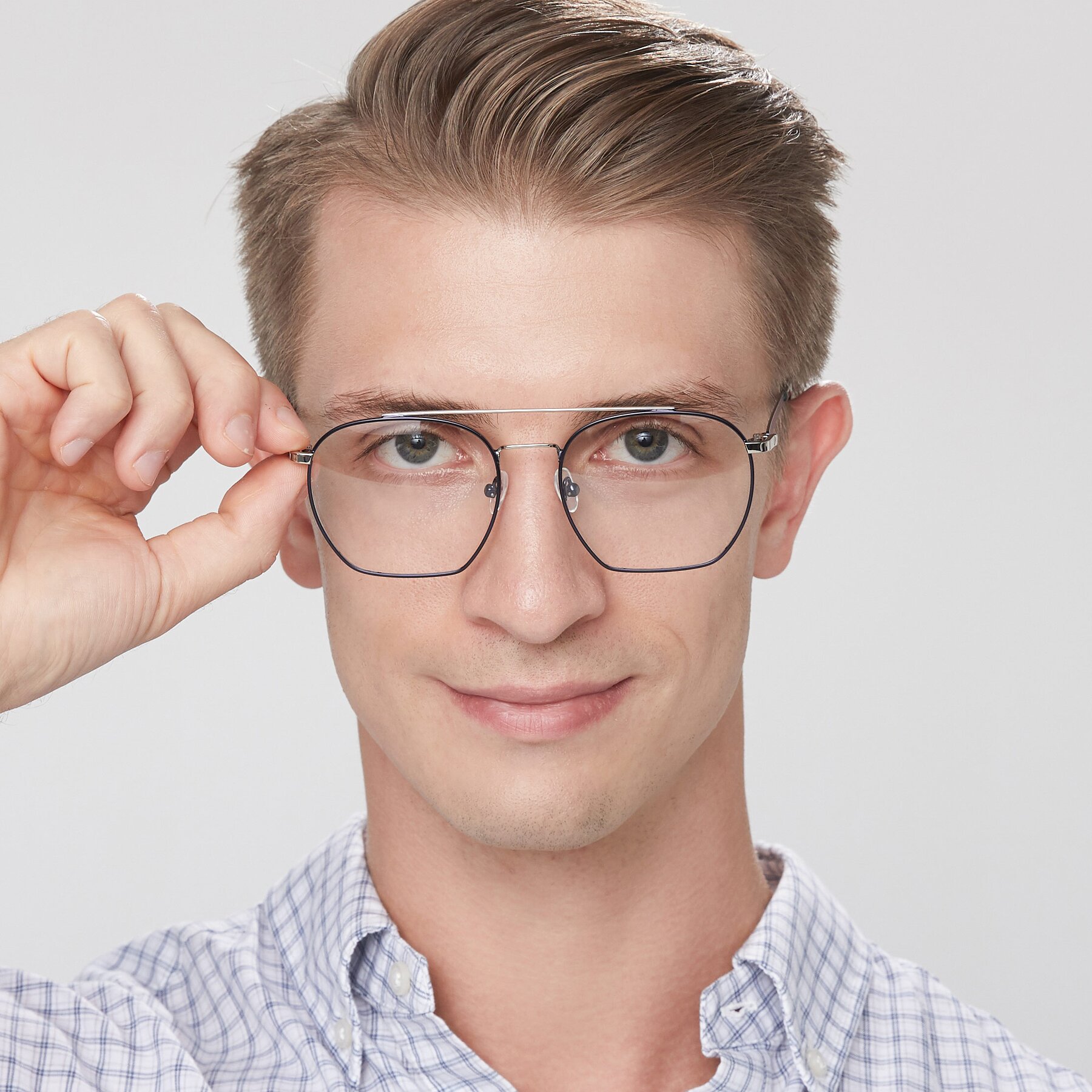 Men's lifestyle photography of 9425 in Blue-Silver with Clear Reading Eyeglass Lenses