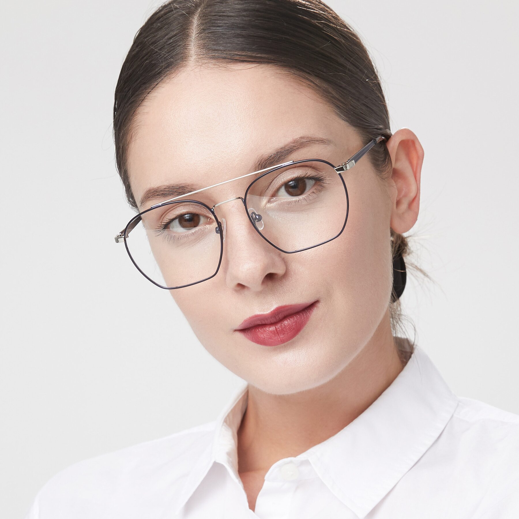 Women's lifestyle photography of 9425 in Blue-Silver with Clear Eyeglass Lenses