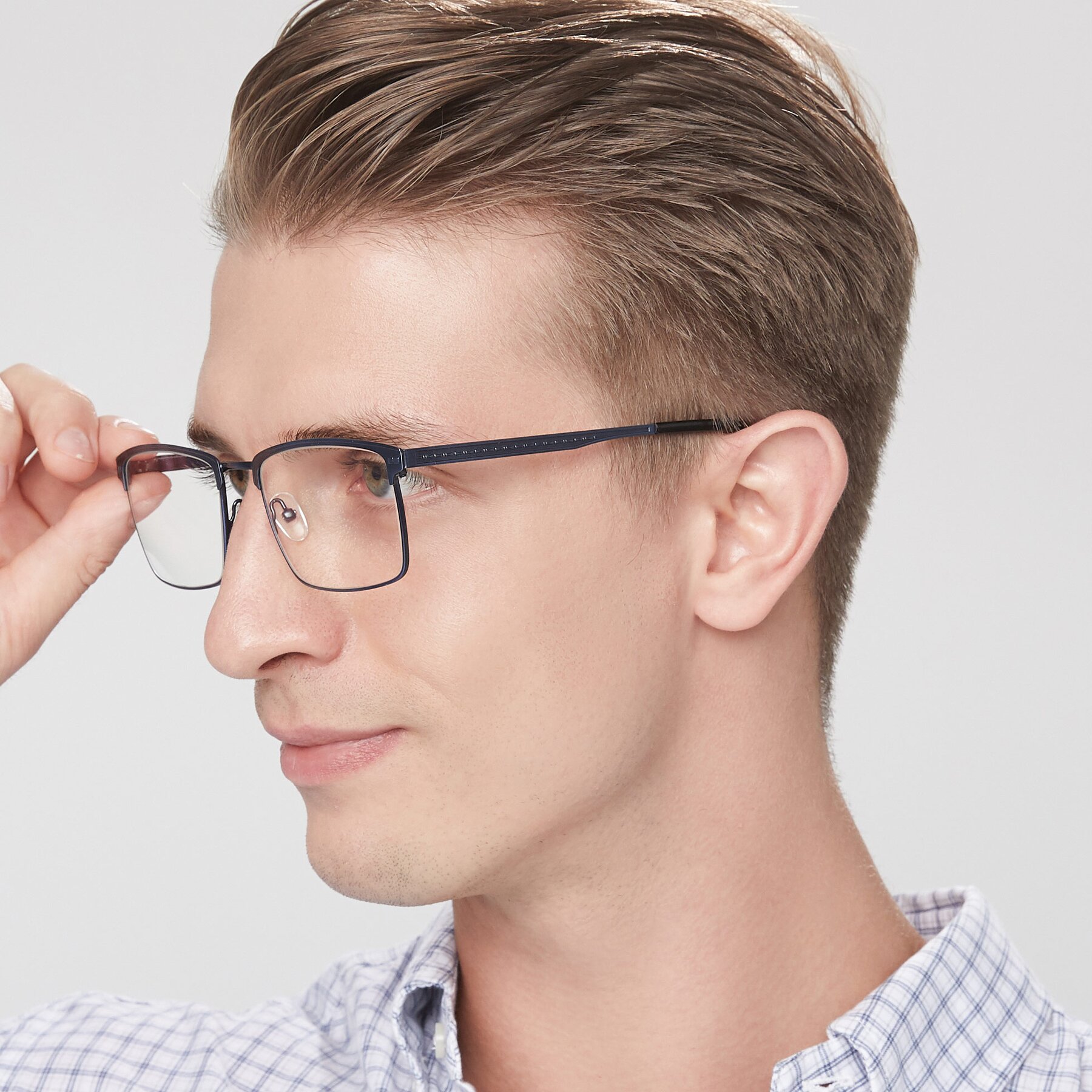 Men's lifestyle photography of 9420 in Antique Blue with Clear Eyeglass Lenses