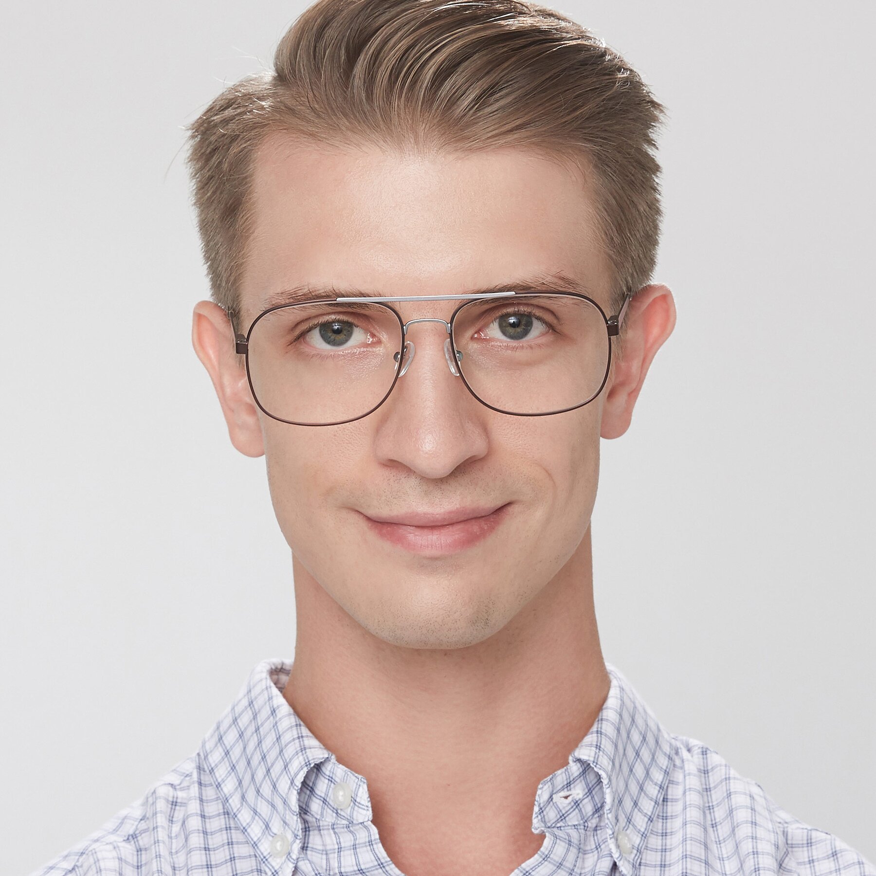 Men's lifestyle photography of 9487 in Brown-Silver with Clear Blue Light Blocking Lenses