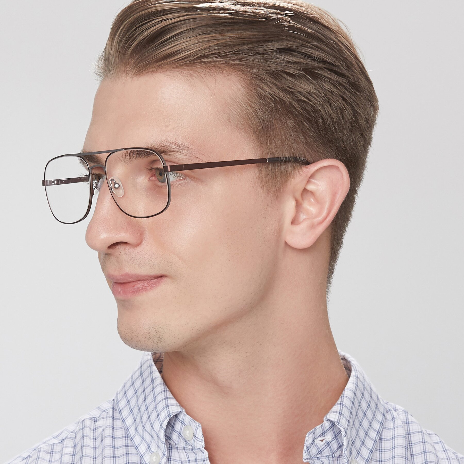 Men's lifestyle photography of 9487 in Brown-Silver with Clear Eyeglass Lenses