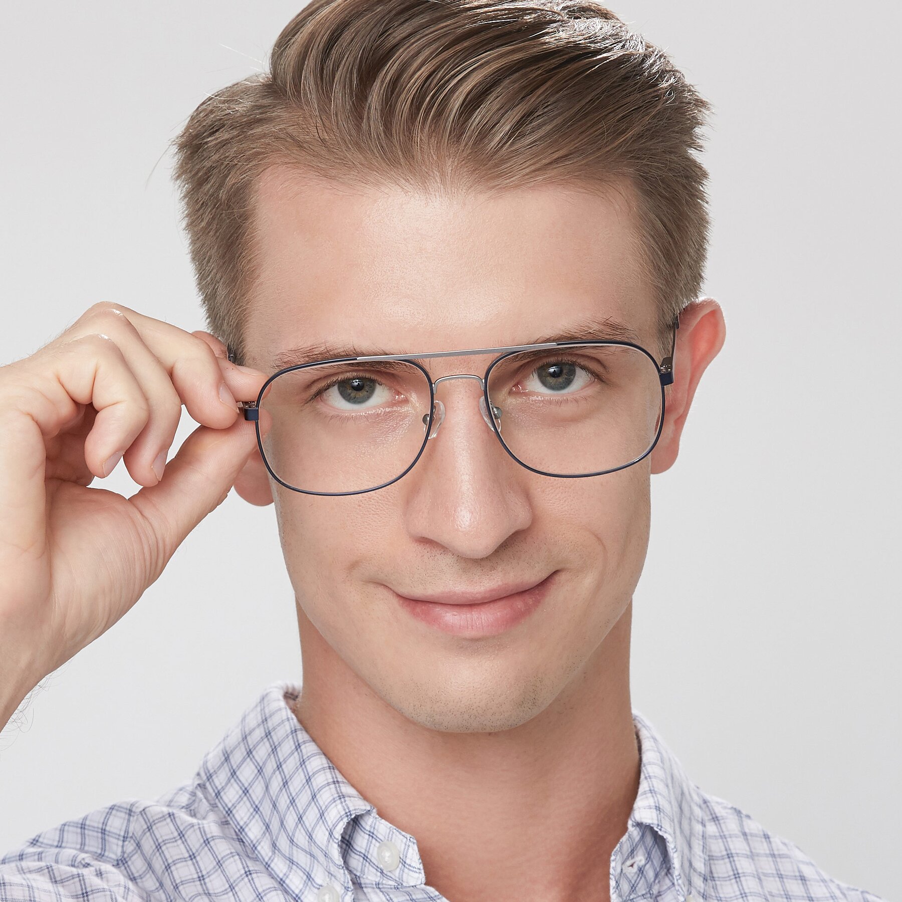 Men's lifestyle photography of 9487 in Blue-Silver with Clear Reading Eyeglass Lenses