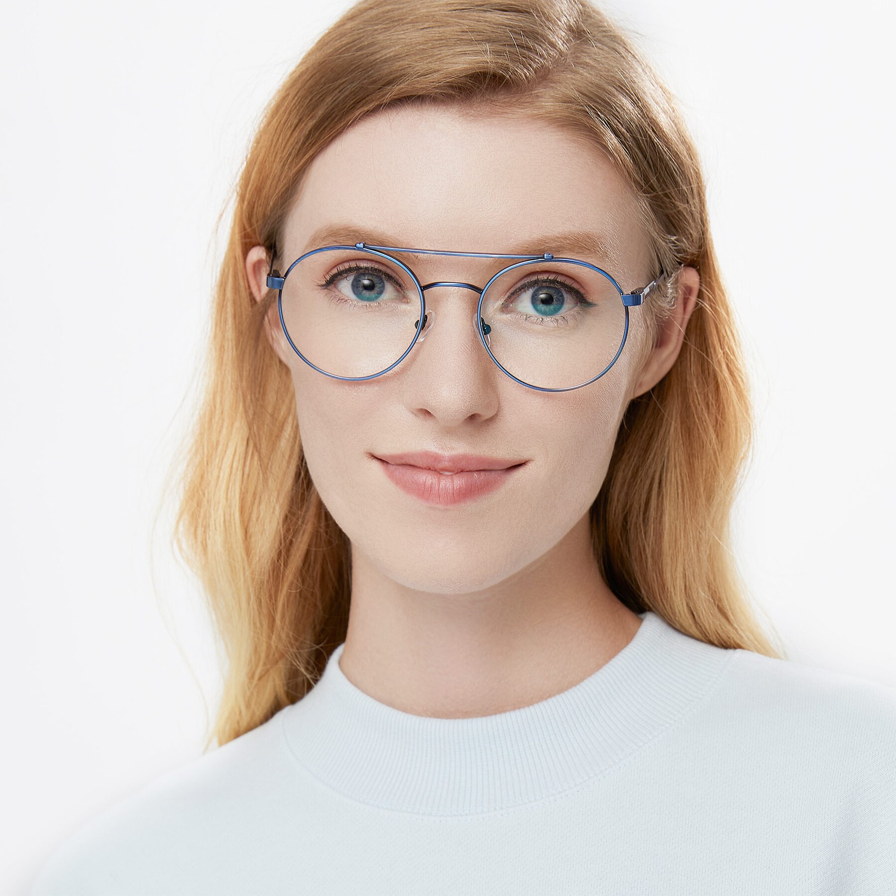 Women's lifestyle photography of 9490 in Antique Blue with Clear Reading Eyeglass Lenses