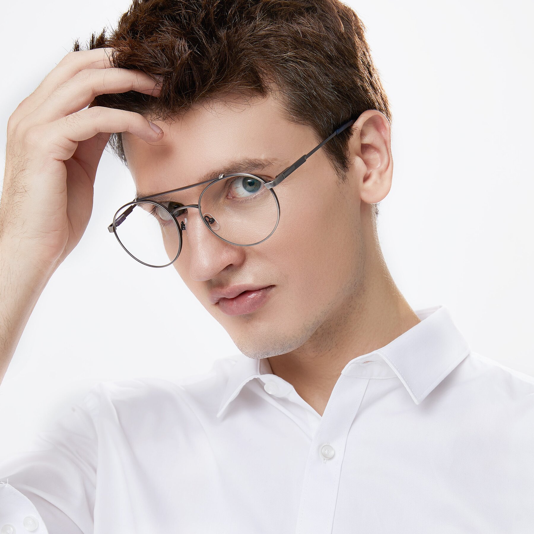 Men's lifestyle photography of 9490 in Antique Gunmetal with Clear Reading Eyeglass Lenses