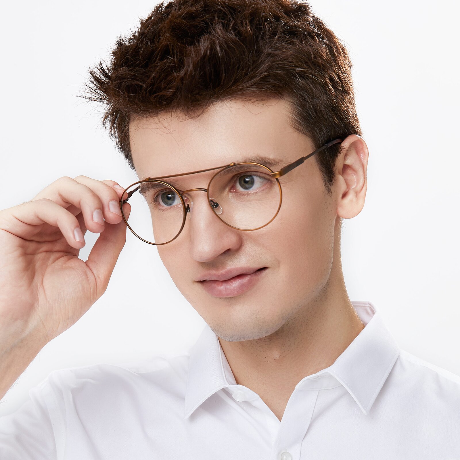 Antique Bronze Double Bridge Round Full-Rim Eyeglasses - 9490